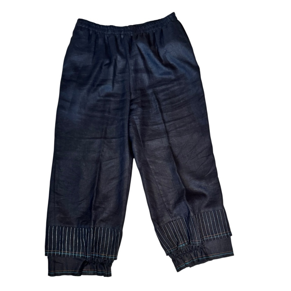 Connie’s Moon Light Black Linen Blend Cropped Pants Pinstripe Ruched Hem D43